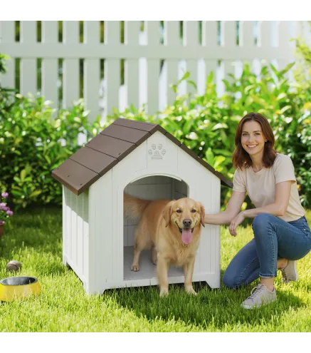Caseta para Perros Exterior Casa para Perros Grandes de Plástico con 2 Ventanas Base Elevada Estacas Marrón Oscuro