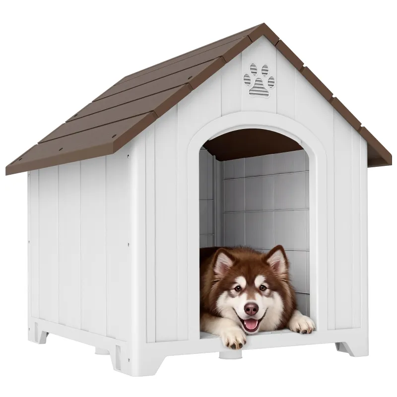 Caseta para Perros Exterior Casa para Perros Extragrandes de Plástico con 2 Ventanas Base Elevada Estacas Marrón Oscuro