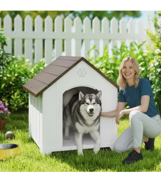 Caseta para Perros Exterior Casa para Perros Extragrandes de Plástico con 2 Ventanas Base Elevada Estacas Marrón Oscuro
