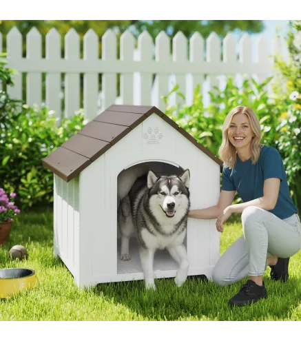 Caseta para Perros Exterior Casa para Perros Extragrandes de Plástico con 2 Ventanas Base Elevada Estacas Marrón Oscuro
