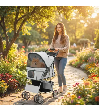 Carrito para Perros Pequeños con Cesta de Almacenaje Portavasos Ruedas y Cojín Lavable 77x44x102 cm Gris