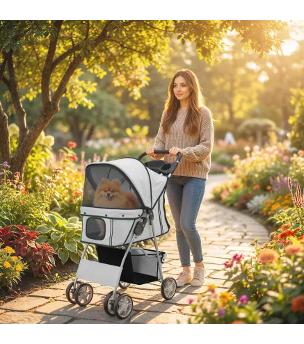 Carrito para Perros Pequeños con Cesta de Almacenaje Portavasos Ruedas y Cojín Lavable 77x44x102 cm Gris