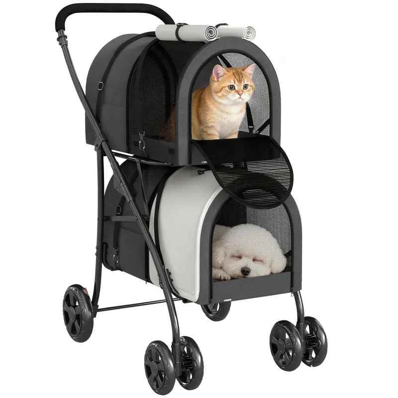 Carrito Doble para Perros Gatos Plegable con 2 Transportines Extraíbles con Cinturón y Cojines 66x50x98cm Gris Oscuro