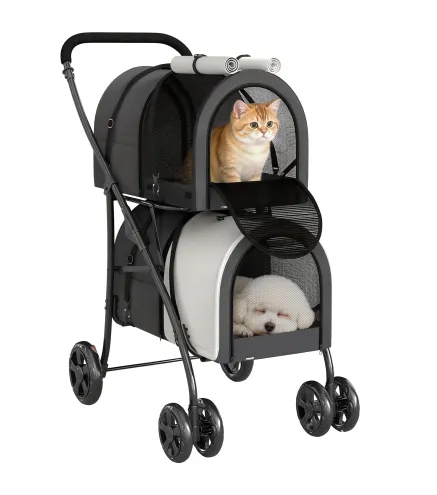 Carrito Doble para Perros Gatos Plegable con 2 Transportines Extraíbles con Cinturón y Cojines 66x50x98cm Gris Oscuro