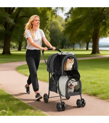 Carrito Doble para Perros Gatos Plegable con 2 Transportines Extraíbles con Cinturón y Cojines 66x50x98cm Gris Oscuro