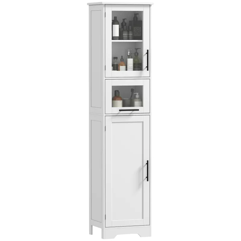 Columna de Baño con Puerta de Vidrio Estantes Ajustables Cajón para Espacios Pequeños 40x31x170 cm Blanco
