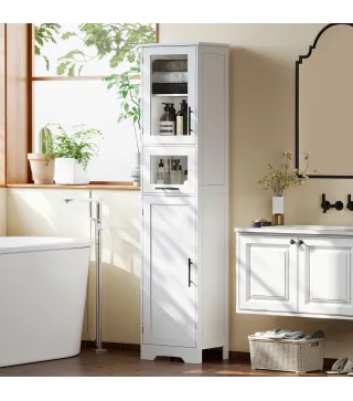 Columna de Baño con Puerta de Vidrio Estantes Ajustables Cajón para Espacios Pequeños 40x31x170 cm Blanco