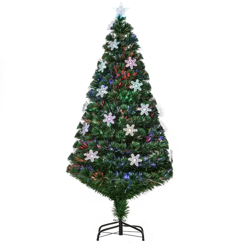 Árbol de Navidad Artificial 150cm con Luces LED Copos de Nieve y Fibra Óptica Decoración Navideña con Luces Multicolor