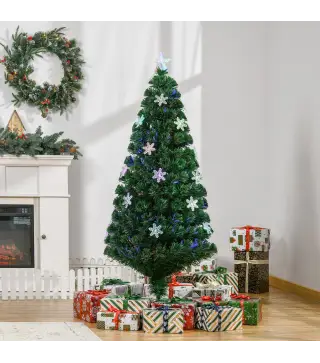 Árbol de Navidad Artificial 150cm con Luces LED Copos de Nieve y Fibra Óptica Decoración Navideña con Luces Multicolor