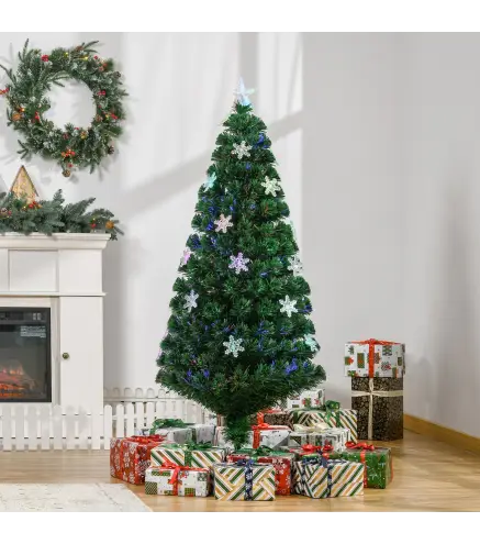 Árbol de Navidad Artificial 150cm con Luces LED Copos de Nieve y Fibra Óptica Decoración Navideña con Luces Multicolor