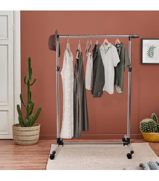 Perchero Acero Inox Colgador Ropa 4 Ruedas Alto y Largo Regulables 95x45x170cm