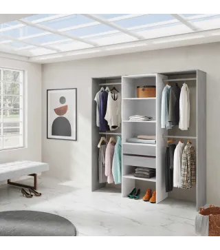 TIDY Armario-Vestidor con estantería 2,02x60cm + 4 barras Blanco Artik/Cemento | Muebles kit