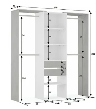 TIDY Armario-Vestidor con estantería 2,02x60cm + 4 barras Blanco Artik/Cemento | Muebles kit
