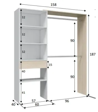 HERA Armario-Vestidor con estantería 60cm + 2 barras Roble/Blanco | Muebles kit