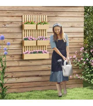 Jardinera de Pared de Madera con Enrejado y 5 Macetas Móviles para Jardín Terraza Patio 60x16x100 cm Natural