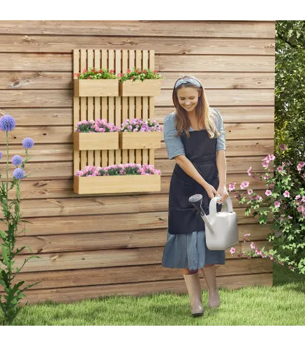 Jardinera de Pared de Madera con Enrejado y 5 Macetas Móviles para Jardín Terraza Patio 60x16x100 cm Natural