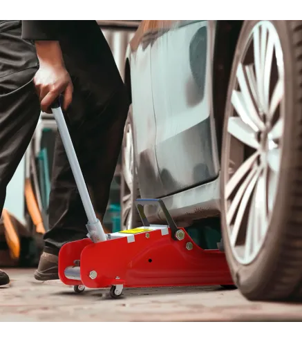 Gato Hidráulico para Coche 2,5T Altura de Elevación 80-380 mm con Perfil Bajo Ruedas para Automóvil SUV Rojo