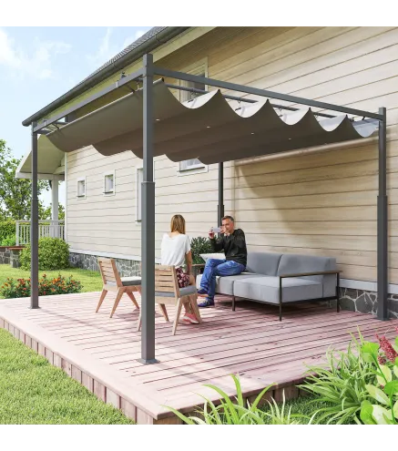 Pérgola de Jardín 3x3 m con Techo Retráctil y Accesorio Magnético Protección UV30+ Columnas Metálicas y Ganchos Gris