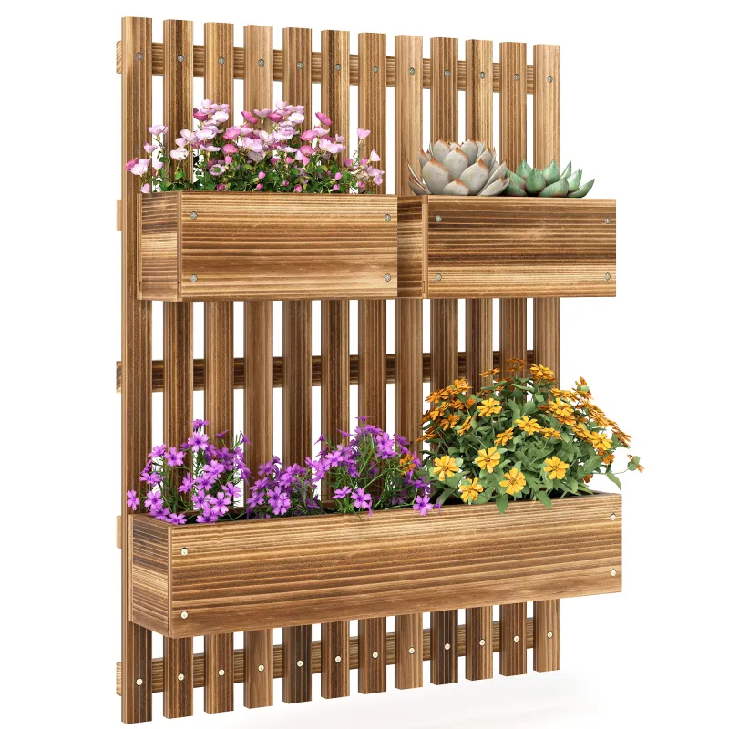 Jardinera de Pared de Madera con Enrejado y 3 Macetas Móviles para Jardín Terraza Patio 60x16x80 cm Carbonizado