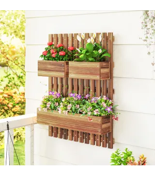 Jardinera de Pared de Madera con Enrejado y 3 Macetas Móviles para Jardín Terraza Patio 60x16x80 cm Carbonizado
