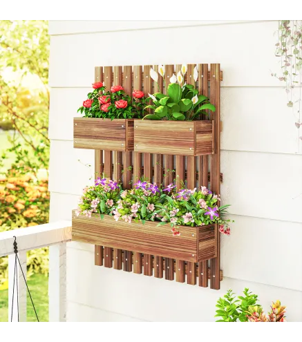 Jardinera de Pared de Madera con Enrejado y 3 Macetas Móviles para Jardín Terraza Patio 60x16x80 cm Carbonizado