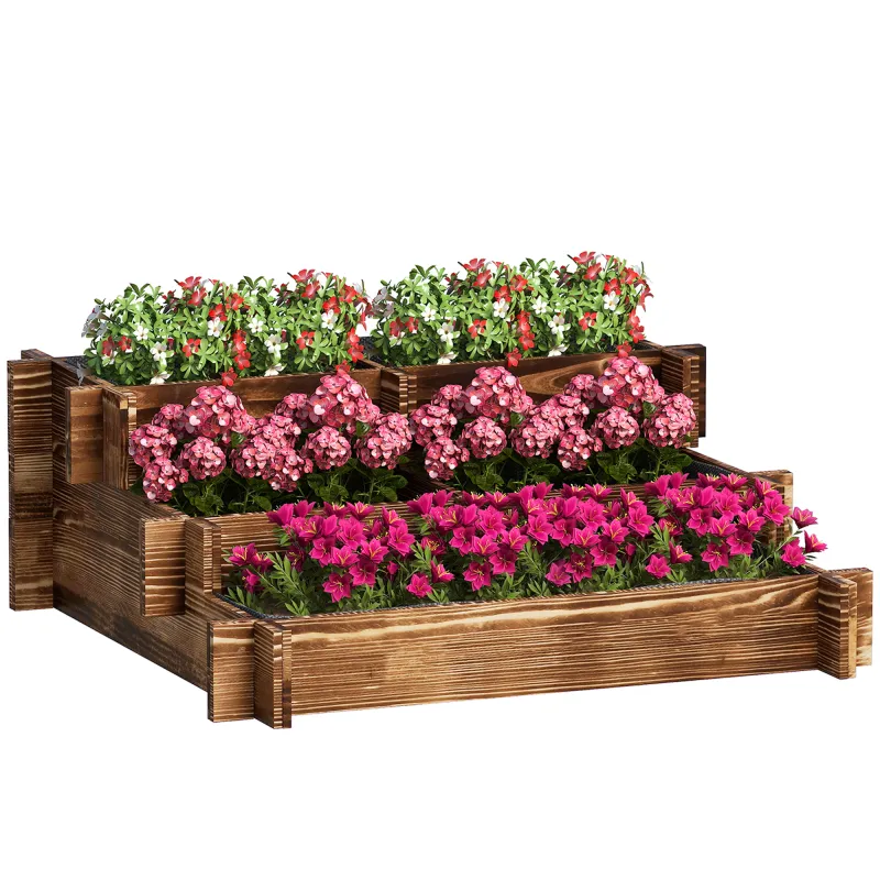 Arriate de Jardín de 3 Niveles con Diseño de Escalera y Tela no Tejida para Cultivos Flores 93x93x35 cm Carbonizado Arriate de Jardín de 3 Niveles con Diseño de Escalera y Tela no Tejida para Cultivos Flores 93x93x35 cm Carbonizado