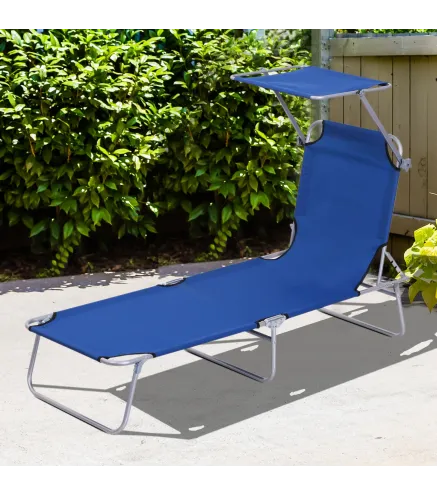 Tumbona de jardín Plegable con Toldo y Respaldo Reclinable para Jardín Terraza Acampada 187x58x36cm Azul