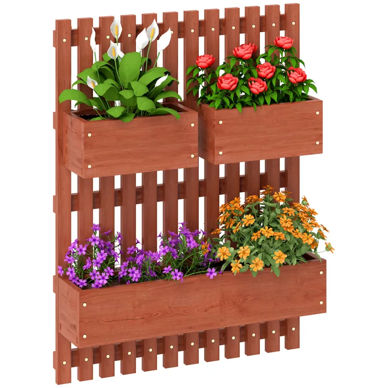 Jardinera de Pared de Madera con Enrejado y 3 Macetas Móviles para Jardín Terraza Patio 60x16x80 cm Marrón