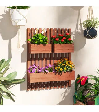 Jardinera de Pared de Madera con Enrejado y 3 Macetas Móviles para Jardín Terraza Patio 60x16x80 cm Marrón