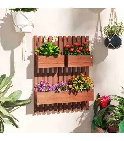 Jardinera de Pared de Madera con Enrejado y 3 Macetas Móviles para Jardín Terraza Patio 60x16x80 cm Marrón