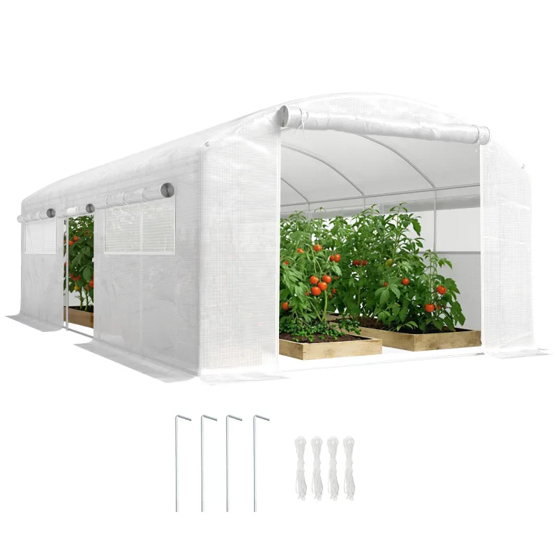 Invernadero de Túnel 6x3x2 m con 3 Puertas Enrollables 6 Ventanas de Malla y Estructura de Acero Galvanizado Blanco
