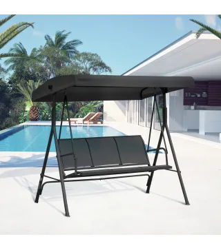 Columpio de Jardín Exterior de 3 Plazas con Toldo Reclinable Respaldo Transpirable Marco de Acero 175x118x159 cm Negro