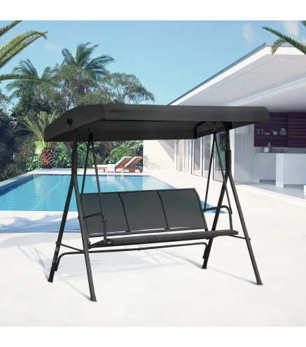 Columpio de Jardín Exterior de 3 Plazas con Toldo Reclinable Respaldo Transpirable Marco de Acero 175x118x159 cm Negro