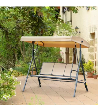 Columpio de Jardín Exterior de 3 Plazas con Toldo Reclinable Respaldo Transpirable Marco de Acero 175x118x159 cm Beige