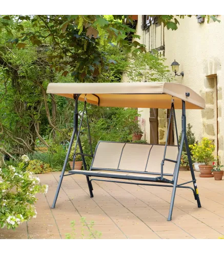 Columpio de Jardín Exterior de 3 Plazas con Toldo Reclinable Respaldo Transpirable Marco de Acero 175x118x159 cm Beige