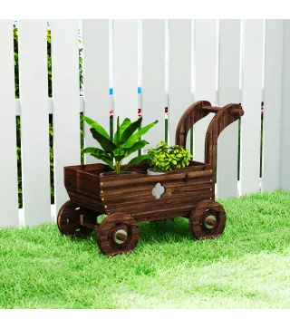 Carretilla de Madera Decorativa Jardinera Elevada con 4 Ruedas Asa Orificios de Drenaje 68x38x52 cm Carbonizado