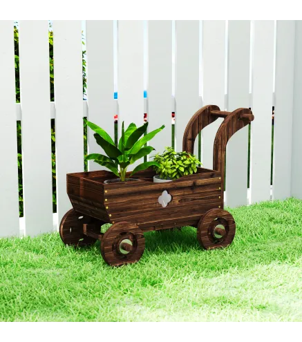 Carretilla de Madera Decorativa Jardinera Elevada con 4 Ruedas Asa Orificios de Drenaje 68x38x52 cm Carbonizado