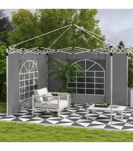 2 Paredes Laterales para Carpas 300x200 cm con Ventana Enrollable y Puerta con Cremallera para Carpa 3x3 m o 3x6 m Gris