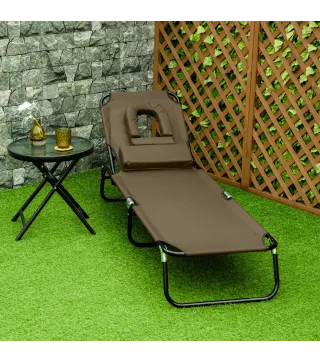 Tumbona Plegable con Respaldo Regulable 4 Posiciones con Orificio de Lectura Almohada Tela Oxford 190x56x28 cm Marrón