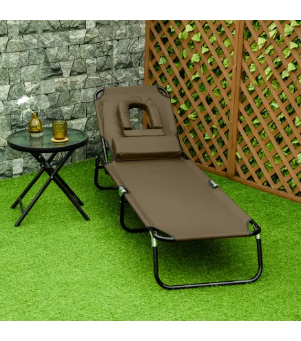 Tumbona Plegable con Respaldo Regulable 4 Posiciones con Orificio de Lectura Almohada Tela Oxford 190x56x28 cm Marrón