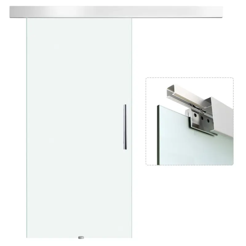 Puerta Corredera de Cristal Satinado 102,5x205 cm Puerta Corrediza con Riel Tirador y Cristal de Seguridad Translúcido