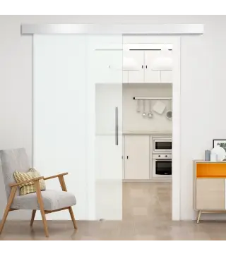 Puerta Corredera de Cristal Satinado 102,5x205 cm Puerta Corrediza con Riel Tirador y Cristal de Seguridad Translúcido