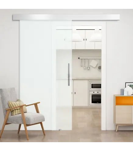 Puerta Corredera de Cristal Satinado 102,5x205 cm Puerta Corrediza con Riel Tirador y Cristal de Seguridad Translúcido