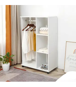Armario Abierto con Ruedas Barra y Estantes para tener Ropa Colgada y Doblada 80x40x128 cm Blanco