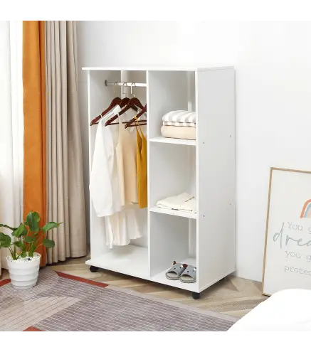 Armario Abierto con Ruedas Barra y Estantes para tener Ropa Colgada y Doblada 80x40x128 cm Blanco