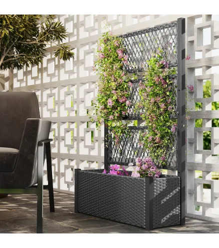 Jardinera con Enrejado de Ratán Jardinera Exterior Grande para Plantas Trepadoras Maceta con Forro Gris Oscuro