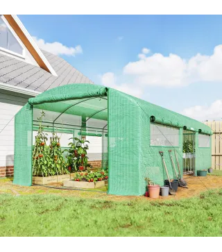 Invernadero de Túnel 6x3x2 m con 3 Puertas Enrollables 6 Ventanas de Malla y Estructura de Acero Galvanizado Verde