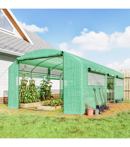 Invernadero de Túnel 6x3x2 m con 3 Puertas Enrollables 6 Ventanas de Malla y Estructura de Acero Galvanizado Verde