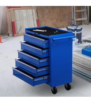 Carro Caja de Herramientas Taller Movil con 5 Cajones 4 Ruedas Chapa de Acero Azul