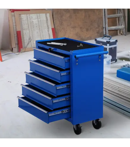 Carro Caja de Herramientas Taller Movil con 5 Cajones 4 Ruedas Chapa de Acero Azul